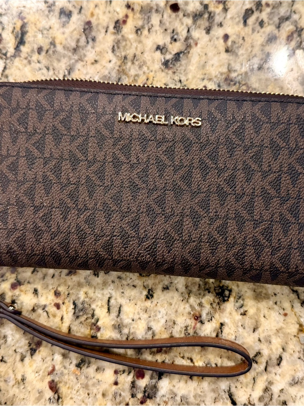Michael Kors Brown and Dark Brown MK Logo Wristlet with Gold Hardware